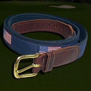 Preston Leather 44" American Flag Nautical Belt Navy New England Preppy Golf